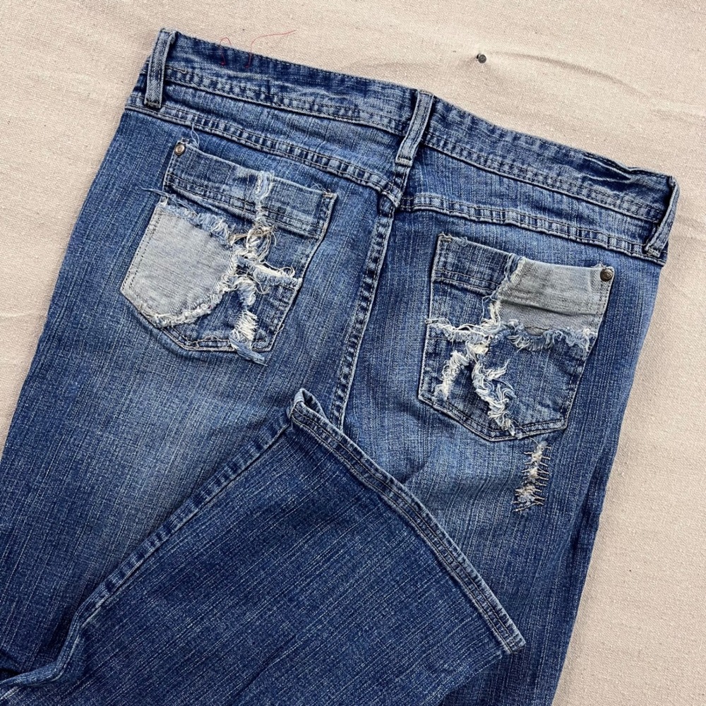 Mudd Flare Jeans Womens 32 Blue Low Rise Distressed Patchwork Y2K Wide Leg